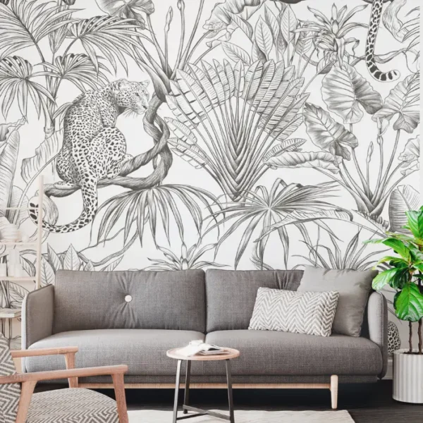 Savanna Sketch — Black & White Jungle Wall Mural