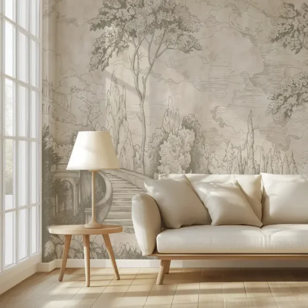 Serene Garden — Vintage Toile Landscape Wall Mural